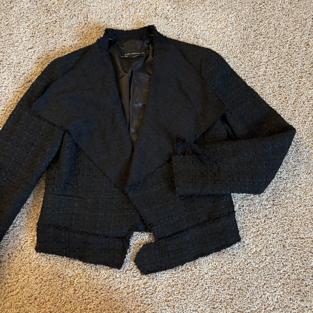 ZARA WOMAN Blazer Womens M Black Cotton Blend Textured Moto Open Lined Raw Hem